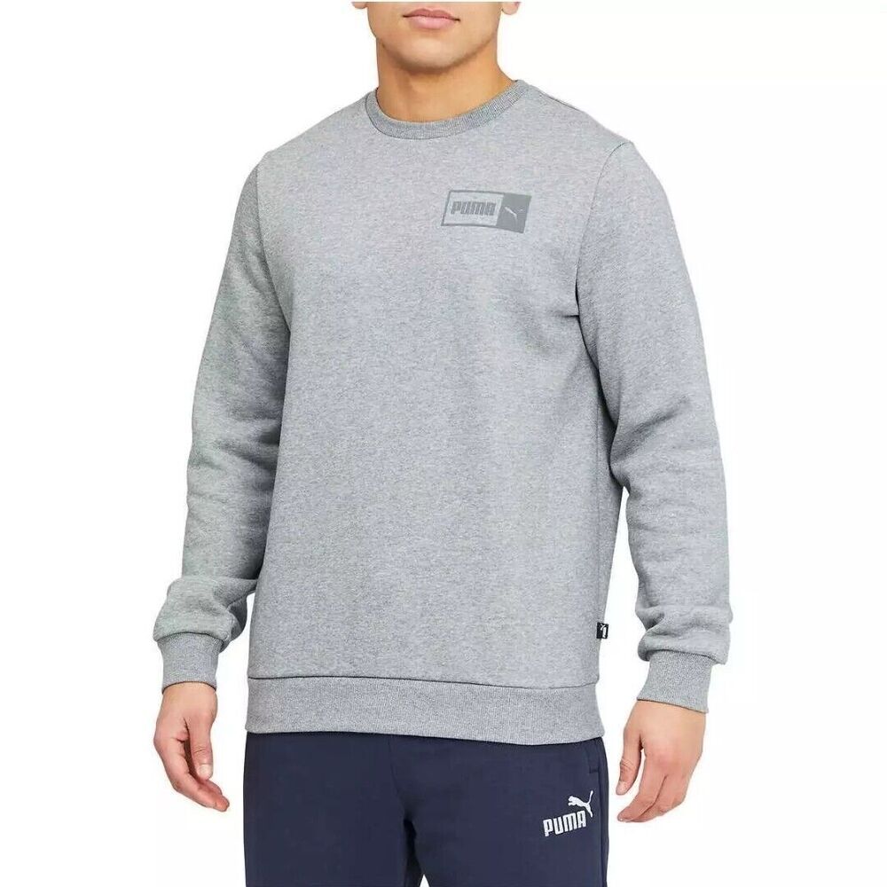 Puma Men's M Crew Neck Fleece Lined Cotton Pullover Logo Crew Sweatshirt Gray
